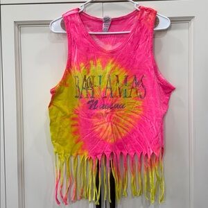 Bahamas Nassau Pink and Yellow Tie Dye with Fringe Tank Top women’s Medium.